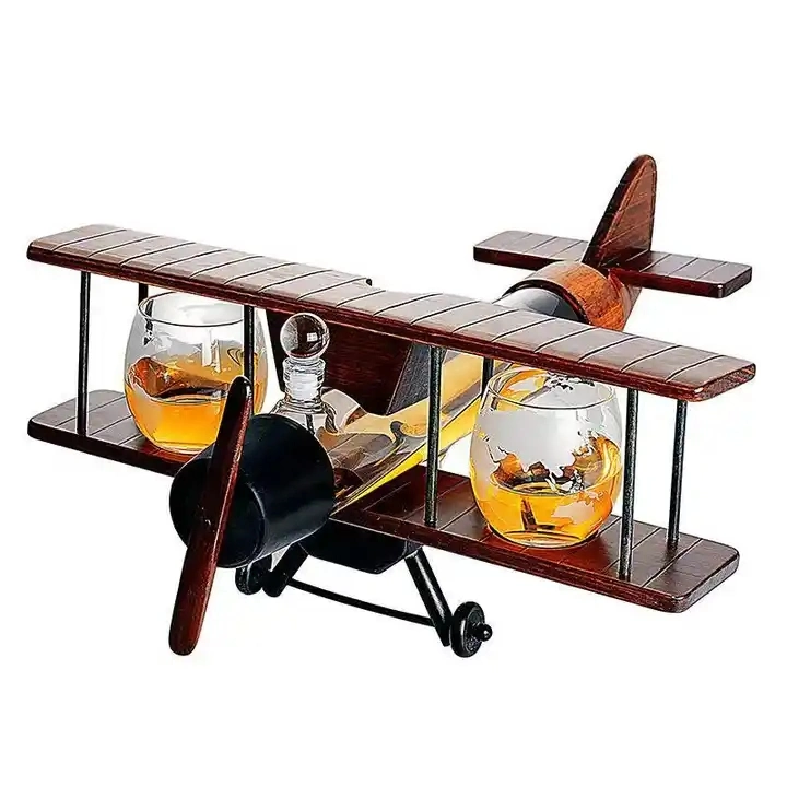 500ml 700ml Super Flint Glass and Wooden Material Plane Shaped Customized Whiskey Decanter Set Shape of Helicopter