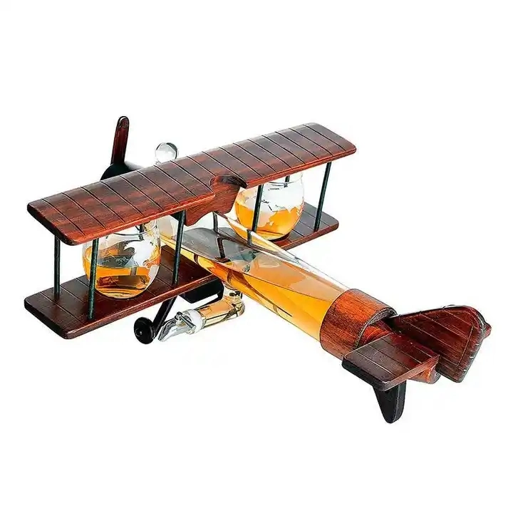 500ml 700ml Super Flint Glass and Wooden Material Plane Shaped Customized Whiskey Decanter Set Shape of Helicopter