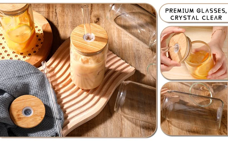 New Style 16 Oz Beer Can Glass with Bamboo Cover and Glass Straw Used for Ice Coffee Cup Smoothies Boba Tea Whisky Water